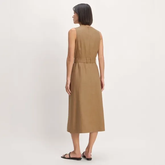EVERLANE The Linen Belted Midi Dress Size 8 Tiger's Eye Tan Minimalist Neutral