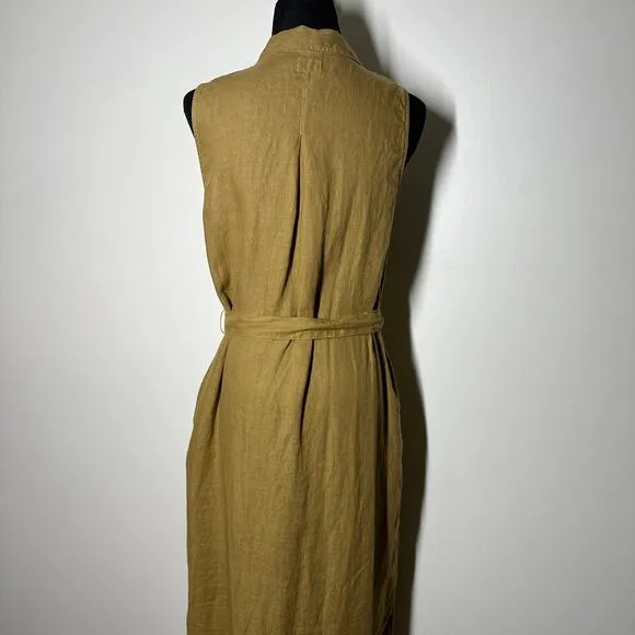 Faherty Laguna Linen Sleeveless Minimalist Belted Button Down Shirtdress Women M