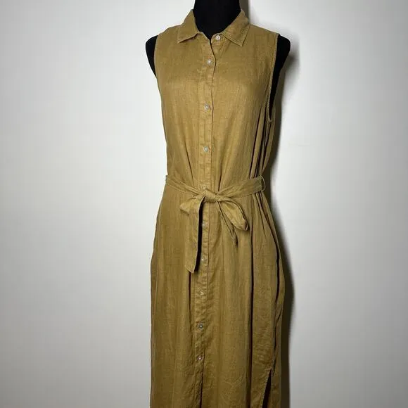 Faherty Laguna Linen Sleeveless Minimalist Belted Button Down Shirtdress Women M