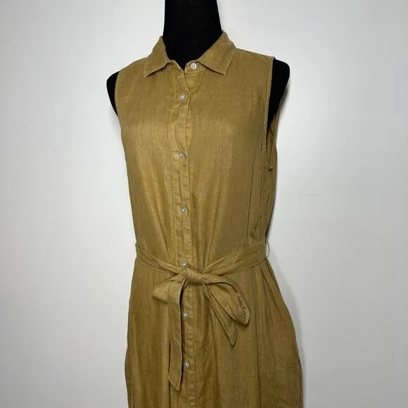 Faherty Laguna Linen Sleeveless Minimalist Belted Button Down Shirtdress Women M