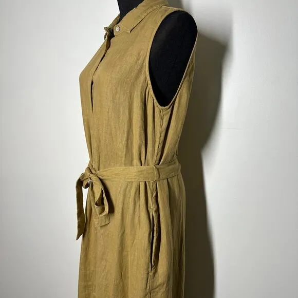 Faherty Laguna Linen Sleeveless Minimalist Belted Button Down Shirtdress Women M