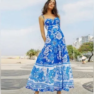 Farm Rio Blue Full Of Flowers Organic Cotton Midi Dress