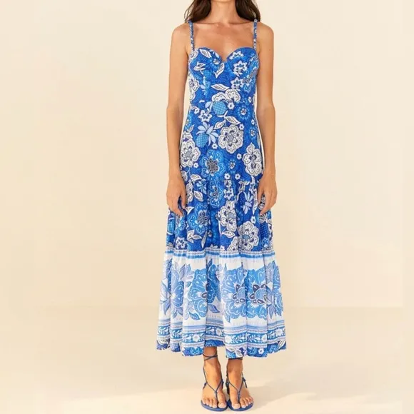 Farm Rio Blue Full Of Flowers Organic Cotton Midi Dress
