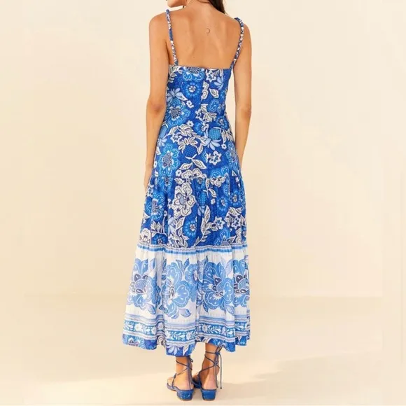 Farm Rio Blue Full Of Flowers Organic Cotton Midi Dress