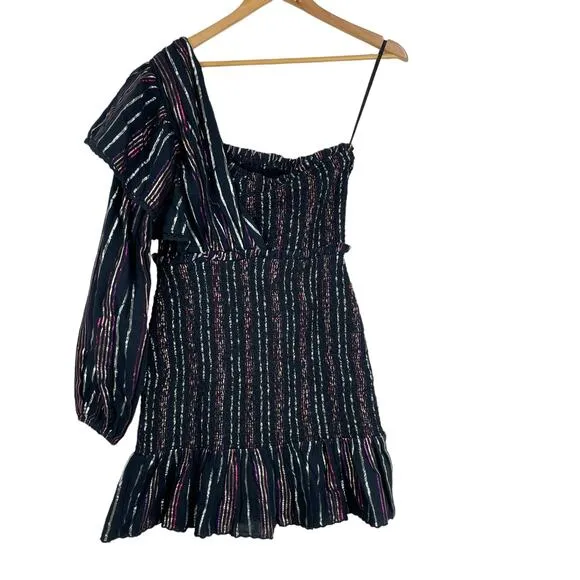 Farm Rio NWT Lurex Stripes Mini Dress Size S Metallic One Shoulder Ruffle Trim