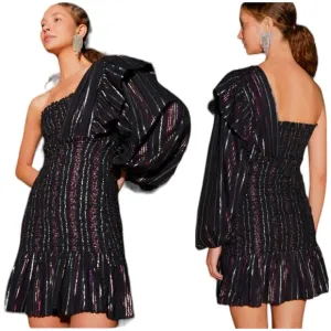Farm Rio NWT Lurex Stripes Mini Dress Size S Metallic One Shoulder Ruffle Trim