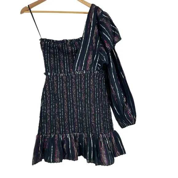Farm Rio NWT Lurex Stripes Mini Dress Size S Metallic One Shoulder Ruffle Trim