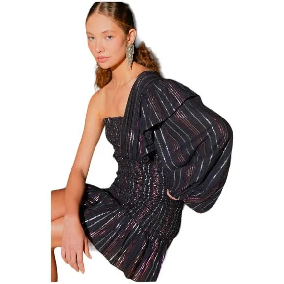 Farm Rio NWT Lurex Stripes Mini Dress Size S Metallic One Shoulder Ruffle Trim