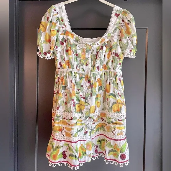 FARM RIO Off-White Fruit Orchard Print Mini Dress, Small