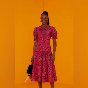 FARM RIO Pink Snake Fruit Organic Cotton Midi Dress size XS