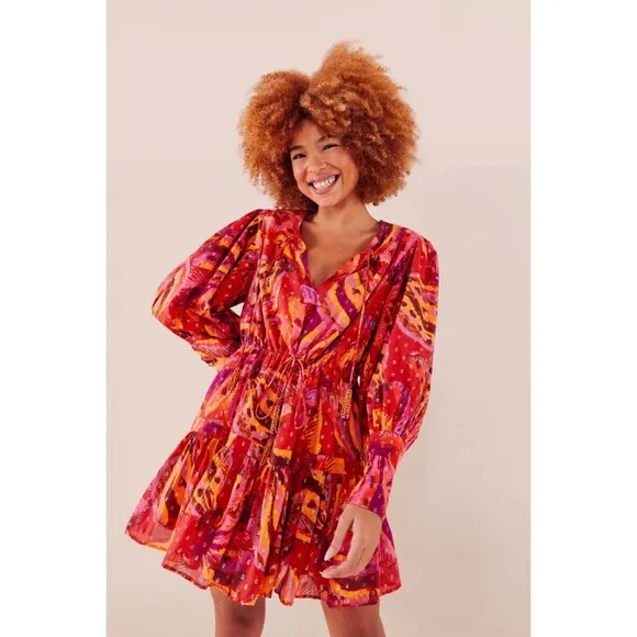 Farm Rio Red Banana Metallic Long Sleeve Mini Dress NWT M L