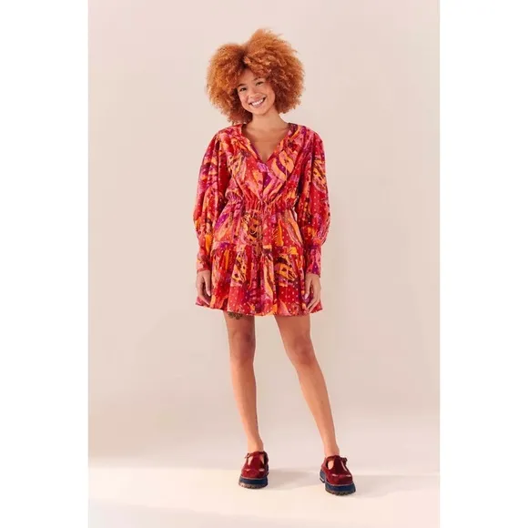 Farm Rio Red Banana Metallic Long Sleeve Mini Dress NWT M L