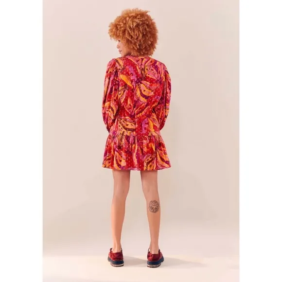 Farm Rio Red Banana Metallic Long Sleeve Mini Dress NWT M L