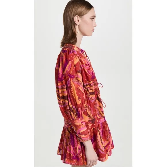 Farm Rio Red Banana Metallic Long Sleeve Mini Dress NWT M L