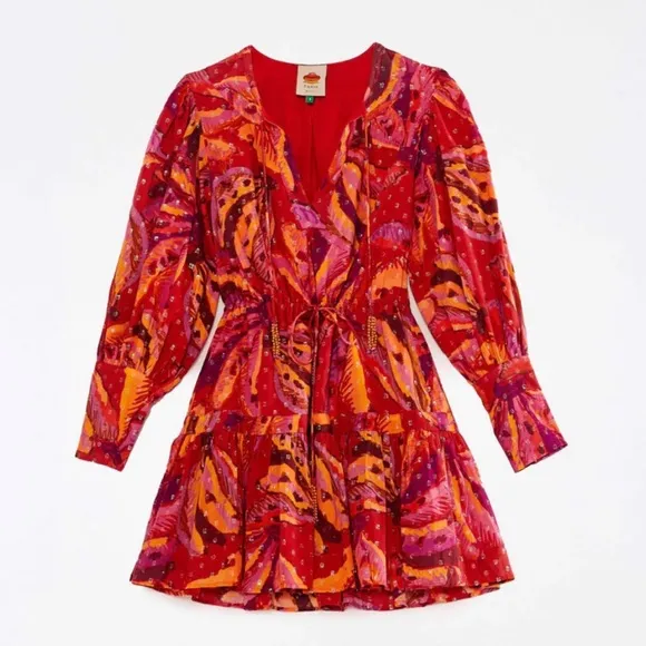 Farm Rio Red Banana Metallic Long Sleeve Mini Dress NWT M L