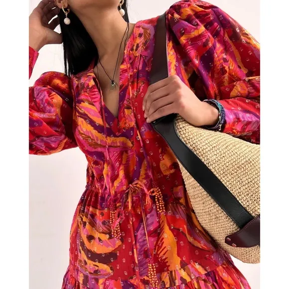Farm Rio Red Banana Metallic Long Sleeve Mini Dress NWT M L