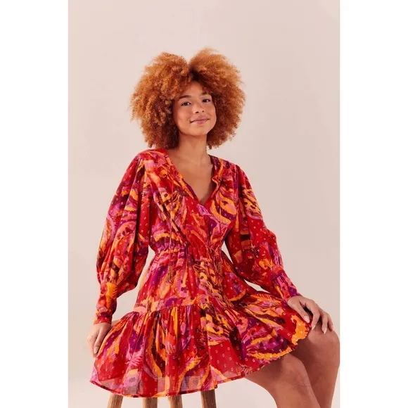 Farm Rio Red Banana Metallic Long Sleeve Mini Dress NWT M L