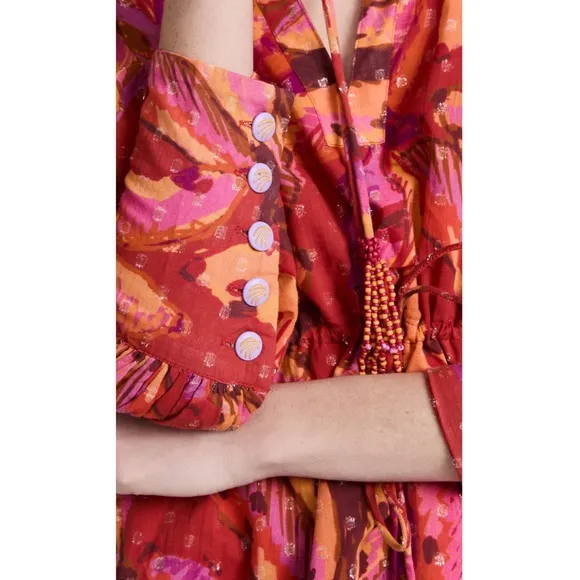 Farm Rio Red Banana Metallic Long Sleeve Mini Dress NWT M L