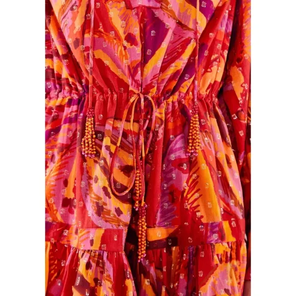 Farm Rio Red Banana Metallic Long Sleeve Mini Dress NWT M L