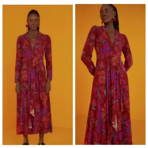 FARM Rio Red Delicate Leaves Maxi Dress