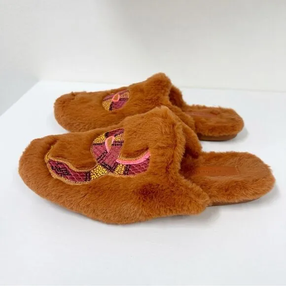 Farm Rio Rust Bright Elements Snake Embroidered Fuzzy Slide Slippers 6