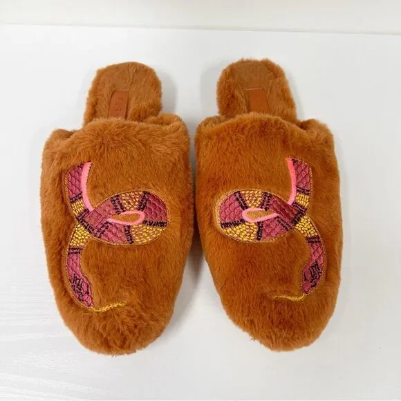 Farm Rio Rust Bright Elements Snake Embroidered Fuzzy Slide Slippers 6