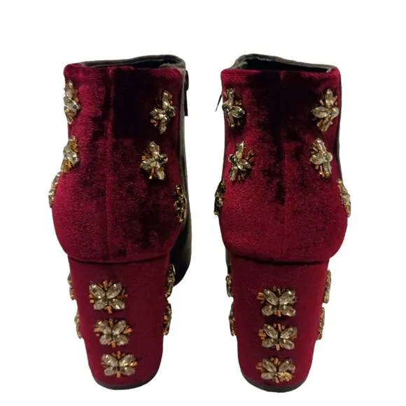 FARYL ROBEN JEWELED Ankle Boots Sz 8.5 Maroon Red Rhinestones 50/50 Black Heels