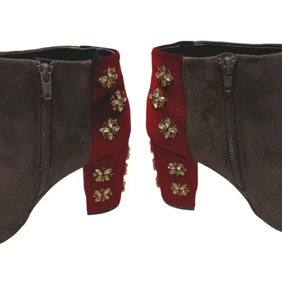 FARYL ROBEN JEWELED Ankle Boots Sz 8.5 Maroon Red Rhinestones 50/50 Black Heels