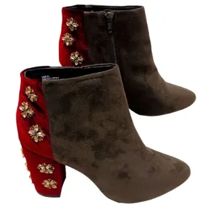 FARYL ROBEN JEWELED Ankle Boots Sz 8.5 Maroon Red Rhinestones 50/50 Black Heels