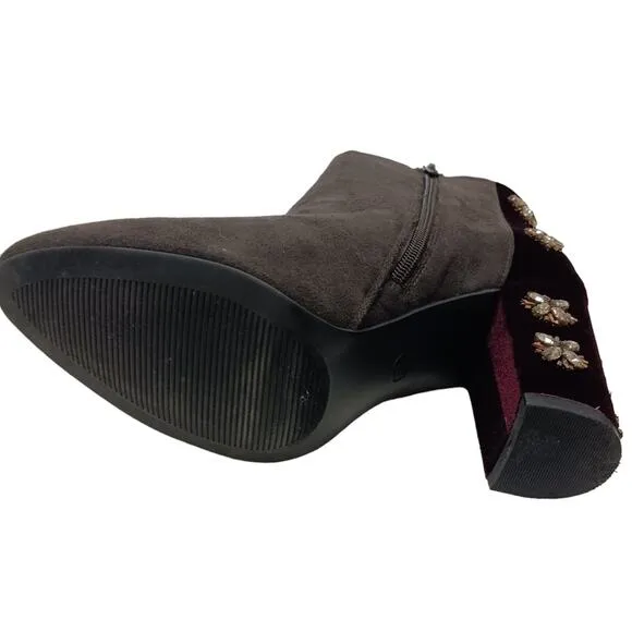 FARYL ROBEN JEWELED Ankle Boots Sz 8.5 Maroon Red Rhinestones 50/50 Black Heels