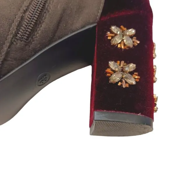 FARYL ROBEN JEWELED Ankle Boots Sz 8.5 Maroon Red Rhinestones 50/50 Black Heels