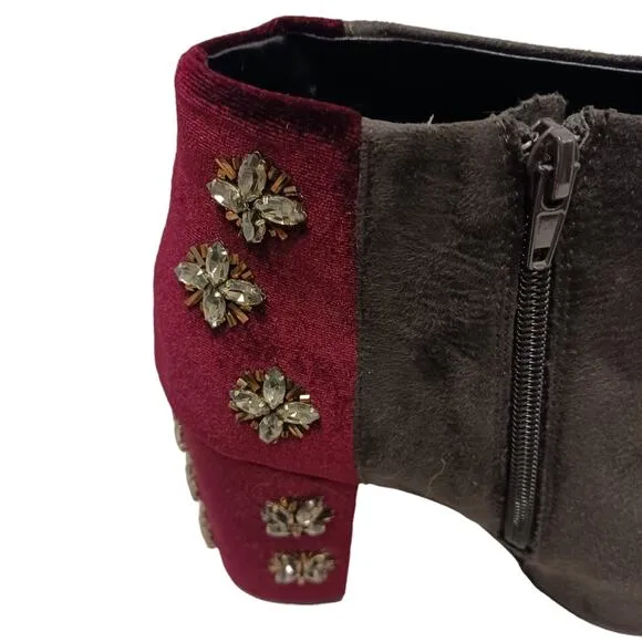 FARYL ROBEN JEWELED Ankle Boots Sz 8.5 Maroon Red Rhinestones 50/50 Black Heels