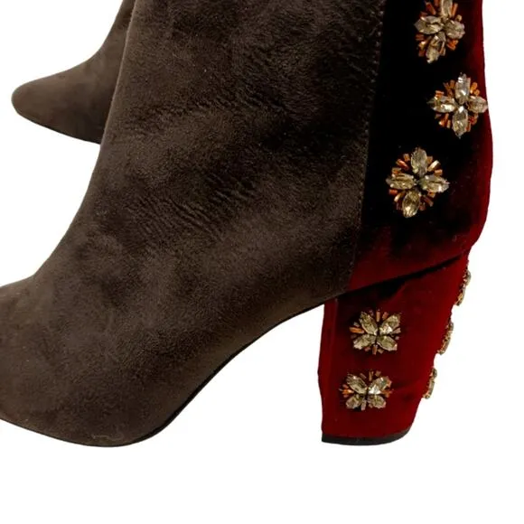 FARYL ROBEN JEWELED Ankle Boots Sz 8.5 Maroon Red Rhinestones 50/50 Black Heels