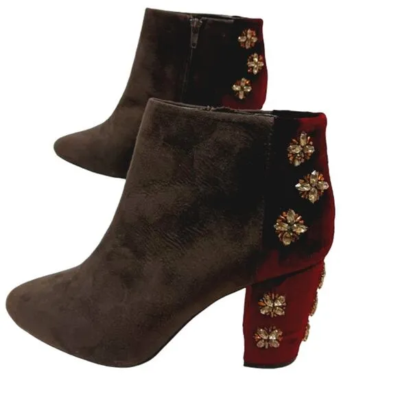 FARYL ROBEN JEWELED Ankle Boots Sz 8.5 Maroon Red Rhinestones 50/50 Black Heels