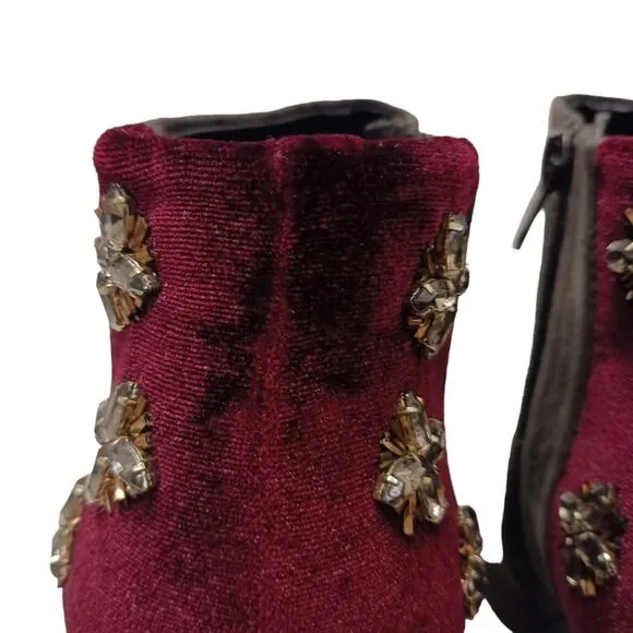 FARYL ROBEN JEWELED Ankle Boots Sz 8.5 Maroon Red Rhinestones 50/50 Black Heels
