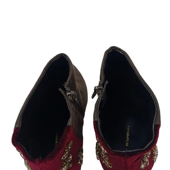 FARYL ROBEN JEWELED Ankle Boots Sz 8.5 Maroon Red Rhinestones 50/50 Black Heels
