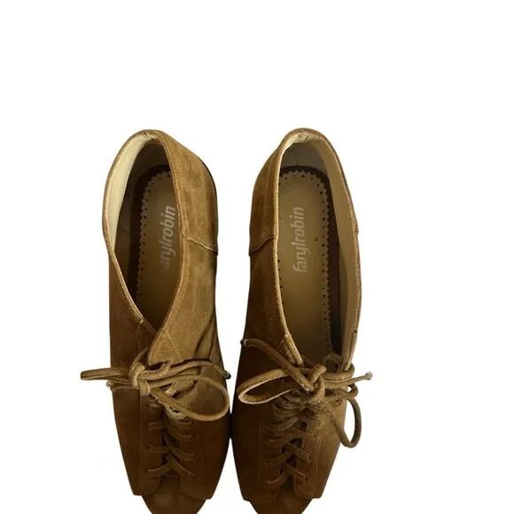 Faryl Robin Women's Peep Toe Suede Lace Up Ankle Stacked Heel Bootie Sz 9 Brown