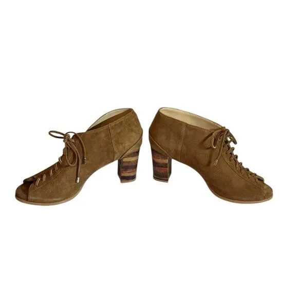 Faryl Robin Women's Peep Toe Suede Lace Up Ankle Stacked Heel Bootie Sz 9 Brown