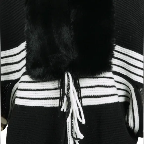 Faux Fur Fringe Hem Oversized Stripe Knit Cardigan Poncho Lightweight Jacket