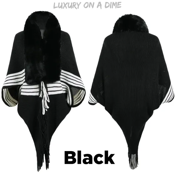 Faux Fur Fringe Hem Oversized Stripe Knit Cardigan Poncho Lightweight Jacket