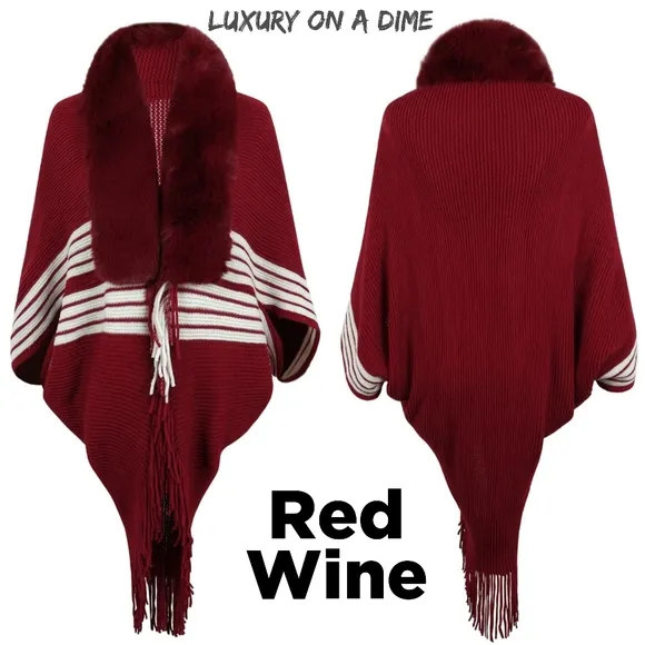 Faux Fur Fringe Hem Oversized Stripe Knit Cardigan Poncho Lightweight Jacket