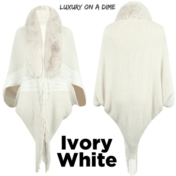 Faux Fur Fringe Hem Oversized Stripe Knit Cardigan Poncho Lightweight Jacket