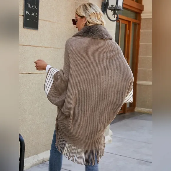 Faux Fur Fringe Hem Oversized Stripe Knit Cardigan Poncho Lightweight Jacket