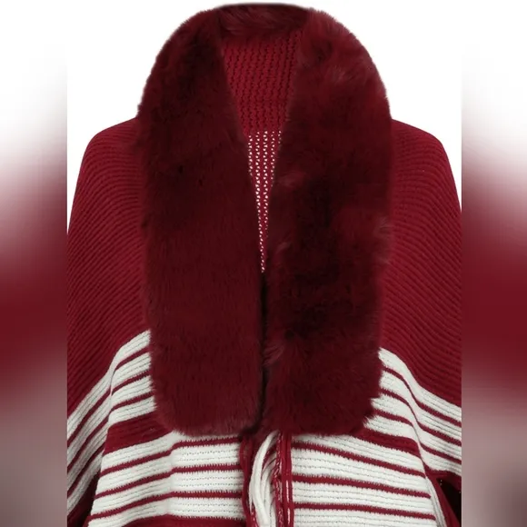 Faux Fur Fringe Hem Oversized Stripe Knit Cardigan Poncho Lightweight Jacket