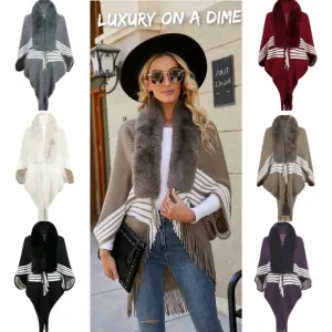 Faux Fur Fringe Hem Oversized Stripe Knit Cardigan Poncho Lightweight Jacket