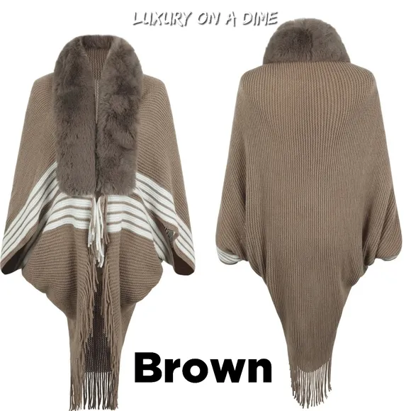 Faux Fur Fringe Hem Oversized Stripe Knit Cardigan Poncho Lightweight Jacket