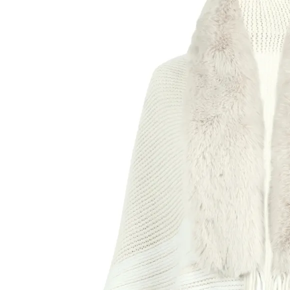 Faux Fur Fringe Hem Oversized Stripe Knit Cardigan Poncho Lightweight Jacket