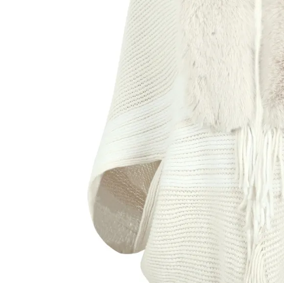 Faux Fur Fringe Hem Oversized Stripe Knit Cardigan Poncho Lightweight Jacket