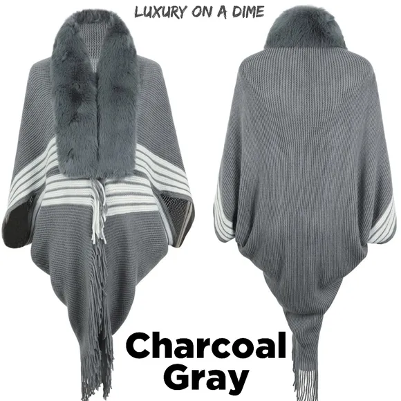 Faux Fur Fringe Hem Oversized Stripe Knit Cardigan Poncho Lightweight Jacket