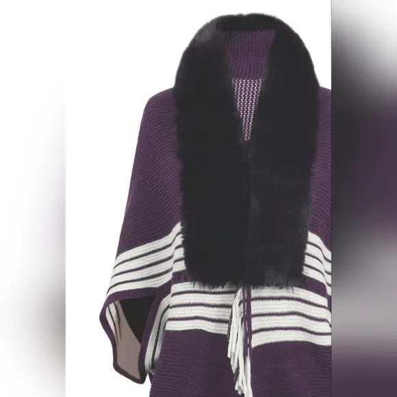Faux Fur Fringe Hem Oversized Stripe Knit Cardigan Poncho Lightweight Jacket